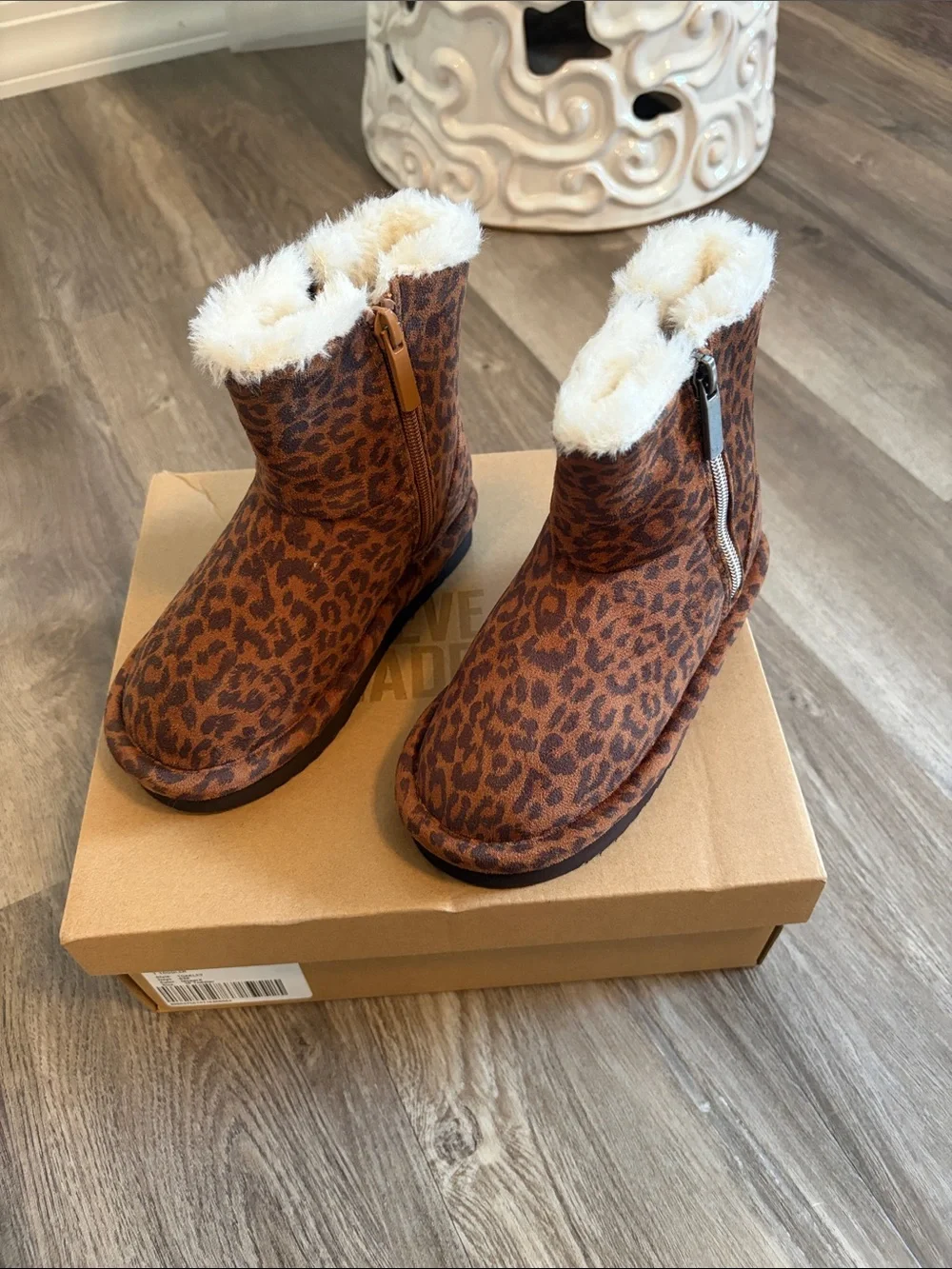 Kids Leopard Print Faux Fur Lined One-Piece Boots - Brown Size 10